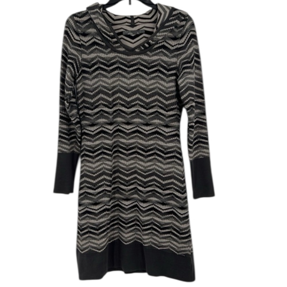 Prana Meryl Chevron Sweater Dress size S Black Gray Knit Hooded Stretch New